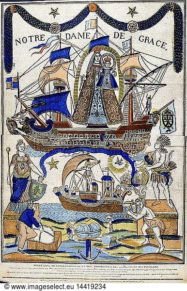 Virgin Mary as Madonna in Glory (Notre Dame de Grace ) as protector of sailors and travellers Dover of the Holy Spirit flies over ship in lower half.19th century French coloured woodcut.
