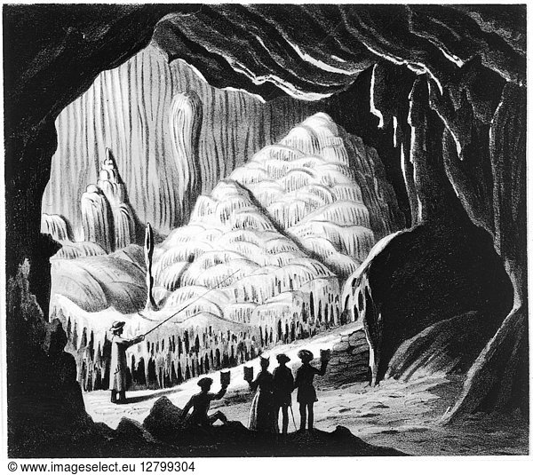 VIRGINIA: CAVE  1856. Sightseers in the 'cataract' of Weyers Cave in the Blue Ridge Mountains of Virginia. Lithograph  American  1856.