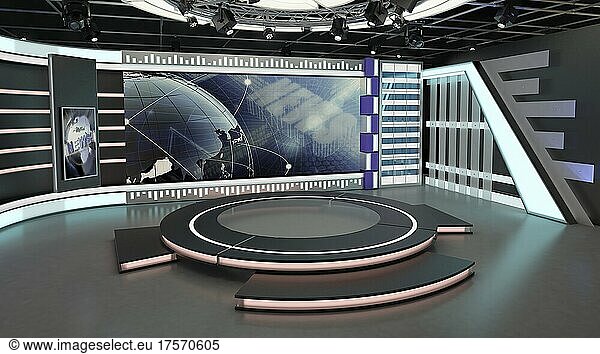 Virtual TV Studio Set. Green screen background. 3d Rendering