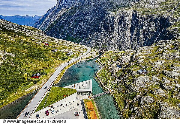 Visitor center along Trollstigen mountain road from the air  Norway  Europe