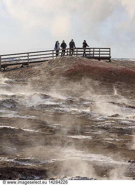 Visitors at the Gunnuhver geothermal area on Reykjanes peninsula during winter. europe  northern europe  iceland  February