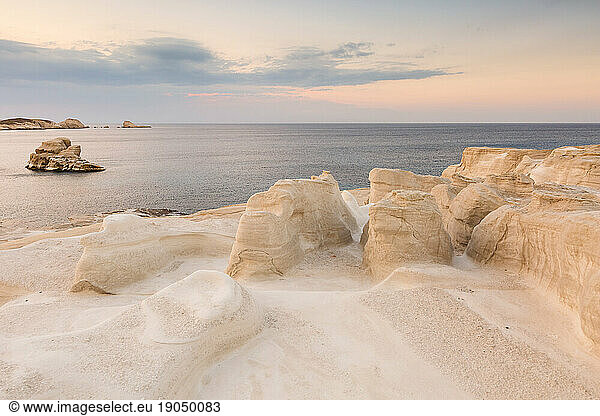 Volcanic rock formations on Sarakiniko beach on Milos island  Greece.