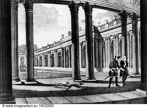 Voltaire  (Francois Arouet)  21.11.1694 - 30.5.1778  French philosopher  half length  with the Prussian king Frederick the Great under the colonnades of Sanssouci castle  engraving  18. / 19th century