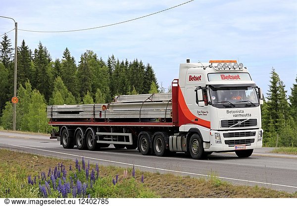 Volvo fh semi trailer for Betset Oy hauls a load of concrete along highway on a day of summer in Hirvaskangas  Finland - June 15  2018.