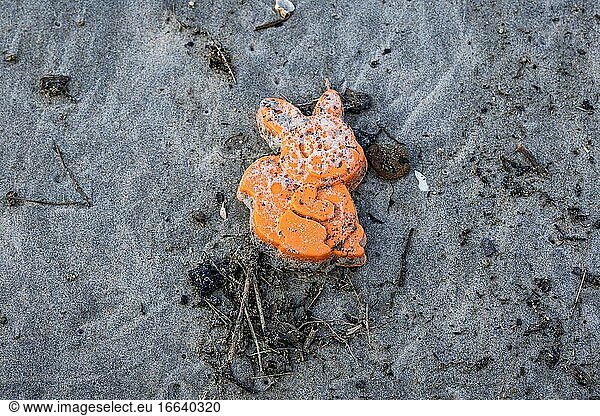 Vom Meer weggeworfenes Plastikspielzeug am Strand der Frischen Nehrung zwischen den Dörfern Katy Rybackie und Skowronki in der Danziger Bucht an der Ostsee  Polen.