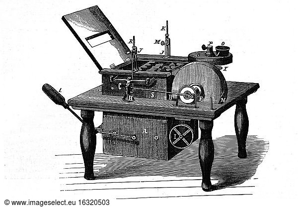 Von Bristol aus Michigan  Vereinigte Staaten  erfundene Wirtschaftsmaschine zur Reinigung von Küchengeschirr. Antike Illustration. 1865.