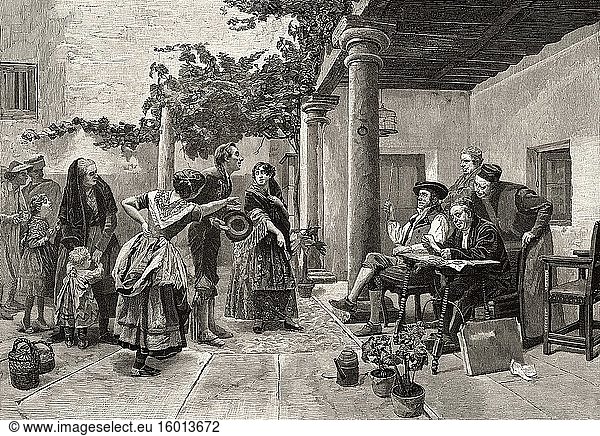 Vor dem Bürgermeister  eine beliebte spanische Szene aus dem 19. Jahrhundert  Gemälde des spanischen Künstlers Julio Worms. Alte gestochene Illustration aus dem 19. Jahrhundert  El Mundo Ilustrado 1880.