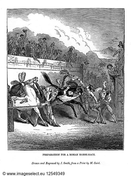 Vorbereitung für ein römisches Pferderennen  1843. Künstler: J. Jackson