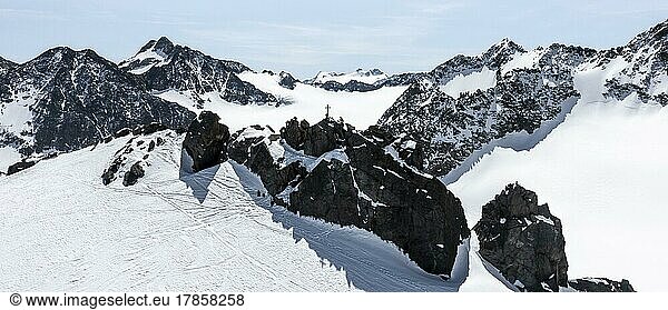 Vorderer Wilder Turm  high mountains with glacier Lisener Ferner  mountains in winter  aerial view  Stubai Alps  Tyrol  Austria  Europe
