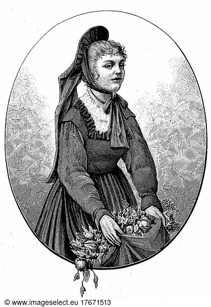 Vornehme Frau in Tracht aus Schwaben  Deutschland  ca 1870  Historisch  digitale Reproduktion einer Originalvorlage aus dem 19. Jahrhundert  Europa
