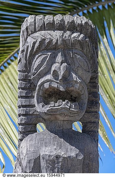 Wächterfigur Tiki vor Palmwedel  Pu'uhonua O H?naunau National Historical Park  Big Island  Hawaii  USA  Nordamerika