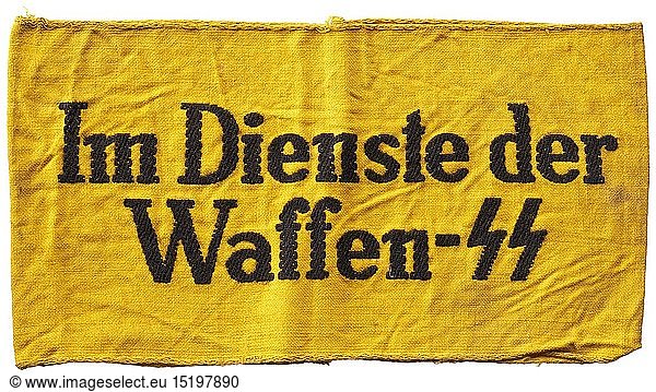 WAFFEN-SS  Armbinde 'Im Dienste der Waffen-SS' Gelbe Armbinde mit zweizeiliger  schwarz eingewebter lateinischer Aufschrift.