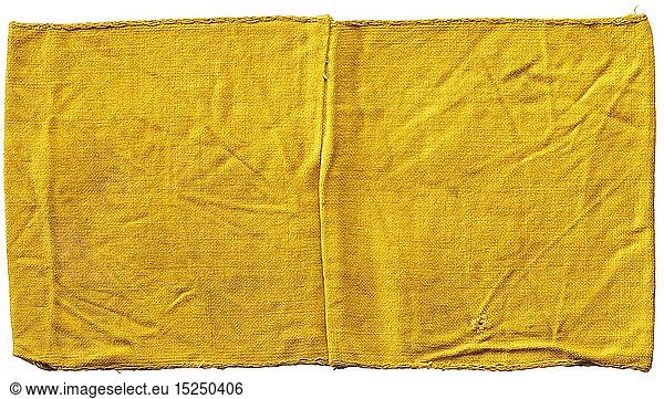 WAFFEN-SS  Armbinde 'Im Dienste der Waffen-SS' Gelbe Armbinde mit zweizeiliger  schwarz eingewebter lateinischer Aufschrift.