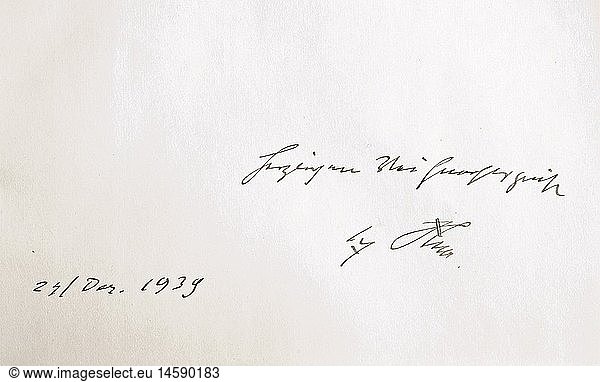 WAFFEN-SS  ObersturmbannfÃ¼hrer Richard Schulze-Kossens - Adolf Hitler.  In Leder gebundene und geprÃ¤gte Ausgabe des Hoffmann-Bildbandes Mit Hitler in Polen'  auf dem Vorsatzblatt Widmung in Tinte 'Herzliche WeihnachtsgrÃ¼ÃŸe - Adolf Hitler - 24/Dez. 1939'.