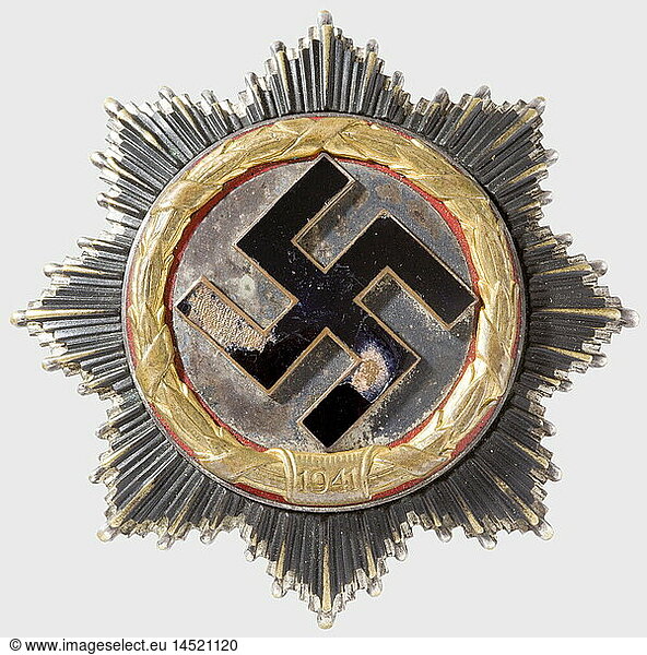WAFFEN-SS  ObersturmfÃ¼hrer Walter Multhoff - Deutsches Kreuz in Gold  Schwere AusfÃ¼hrung mit sechs Vollnieten ohne Hersteller (Nie 7.04.10f). Tragespuren  EmailschÃ¤den  Nadel zeitgenÃ¶ssisch ergÃ¤nzt. Dazu die Urkunde vom 17.11.1943 als KompaniefÃ¼hrer der I./SS-Pz.RGT. 5 mit OU Keitels. Beschnitten  an den RÃ¤ndern beschÃ¤digt. MaÃŸe ca. 25 x 33 cm WAFFEN-SS, ObersturmfÃ¼hrer Walter Multhoff - Deutsches Kreuz in Gold, Schwere AusfÃ¼hrung mit sechs Vollnieten ohne Hersteller (Nie 7.04.10f). Tragespuren, EmailschÃ¤den, Nadel zeitgenÃ¶ssisch ergÃ¤nzt. Dazu die Urkunde vom 17.11.1943 als KompaniefÃ¼hrer der I./SS-Pz.RGT. 5 mit OU Keitels. Beschnitten, an den RÃ¤ndern beschÃ¤digt. MaÃŸe ca. 25 x 33 cm,