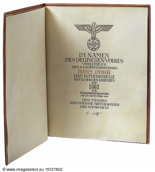 WAFFEN-SS  Ritterkreuzmappe des Inhabers der Schwerter zum Ritterkreuz SS-HauptsturmfÃ¼hrers Hans Dorr (1912 - 1945). GroÃŸe  doppelseitige Pergamenturkunde  ausgestellt auf den 'SS-HauptsturmfÃ¼hrer Hans Dorr' mit kalligraphischem Text und Hoheitsadler  datiert 'FÃœHRERHAUPTQUARTIER DEN 27.SEPTEMBER 1942'. Tintenunterschrift 'Adolf Hitler'. Ritterkreuzmappe aus rotem Leder mit goldgeprÃ¤gtem Hoheitsadler. MaÃŸe 45 x 36 5 cm. Hans Dorr wurde das Ritterkreuz auf Grund seiner Leistungen wÃ¤hrend der KÃ¤mpfe am Don  Kaukasus und in der Ukraine als FÃ¼hrer des I. Bataillons der Division 'Germania' verliehen. 1943 erhielt er das Eichenlaub  und am 9. Juli 1944 fÃ¼r die langjÃ¤hrigen Verdienste als KampfgruppenfÃ¼hrer die Schwerter. Hans Dorr erlag nach seiner 16. Verwundung den wÃ¤hrend der KÃ¤mpfe in Ungarn erlittenen Verletzungen. Dorr galt als einer der hÃ¤rtesten KampfgruppenfÃ¼hrer der gesamten 5. SS-Panzerdivision 'Wiking'. Als Ritterkreuzmappe eines HauptsturmfÃ¼hrers und SchwertertrÃ¤gers eine groÃŸe RaritÃ¤t. WAFFEN-SS, Ritterkreuzmappe des Inhabers der Schwerter zum Ritterkreuz SS-HauptsturmfÃ¼hrers Hans Dorr (1912 - 1945). GroÃŸe, doppelseitige Pergamenturkunde, ausgestellt auf den 'SS-HauptsturmfÃ¼hrer Hans Dorr' mit kalligraphischem Text und Hoheitsadler, datiert 'FÃœHRERHAUPTQUARTIER DEN 27.SEPTEMBER 1942'. Tintenunterschrift 'Adolf Hitler'. Ritterkreuzmappe aus rotem Leder mit goldgeprÃ¤gtem Hoheitsadler. MaÃŸe 45 x 36,5 cm. Hans Dorr wurde das Ritterkreuz auf Grund seiner Leistungen wÃ¤hrend der KÃ¤mpfe am Don, Kaukasus und in der Ukraine als FÃ¼hrer des I. Bataillons der Division 'Germania' verliehen. 1943 erhielt er das Eichenlaub, und am 9. Juli 1944 fÃ¼r die langjÃ¤hrigen Verdienste als KampfgruppenfÃ¼hrer die Schwerter. Hans Dorr erlag nach seiner 16. Verwundung den wÃ¤hrend der KÃ¤mpfe in Ungarn erlittenen Verletzungen. Dorr galt als einer der hÃ¤rtesten KampfgruppenfÃ¼hrer der gesamten 5. SS-Panzerdivision 'Wiking'. Als Ritterkreuzmappe eines HauptsturmfÃ¼hrers und SchwertertrÃ¤gers eine groÃŸe RaritÃ¤t.