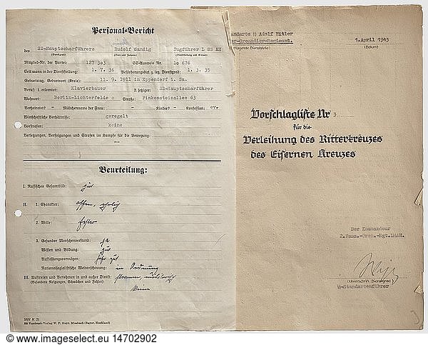 WAFFEN-SS  Rudolf Sandig  Vorschlag zur Verleihung des Ritterkreuzes fÃ¼r den SturmbannfÃ¼hrer und Kommandeur des II./2.Panz.Gren.Rgt.L'SS'AH  dat. 1. April 1943'  eigenhÃ¤ndige Unterschrift in Tinte 'Wisch' des Rgts.Kommandeurs SS-StandartenfÃ¼hrer Theodor Wisch auf der BegrÃ¼ndung  eine weitere Tintenunterschrift 'Wisch' auf der Vorschlagliste  eigenhÃ¤ndige Unterschrift in Tinte 'Dietrich' des SS-ObergruppenfÃ¼hrers und Generals der Waffen-SS Sepp Dietrich  eine weitere Tintenunterschrift 'Dietrich' auf dem Personal-Bericht. Insgesamt 7 Seiten DIN A4 Durchschlag  etwas eingerissen  gelocht. Rudolf Sandig wurde fÃ¼r seinen vorbildlichen Einsatz bei der RÃ¼ckeroberung Charkows am 5. Mai 1943 mit dem Ritterkreuz des Eisernen Kreuzes ausgezeichnet. In der Ardennenoffensive kÃ¤mpfte seine Kampfgruppe im Verbund mit der legendÃ¤ren Kampfgruppe Peiper. Seltenes Dokument mit zwei Unterschriften von Theodor Wisch und zwei Unterschriften von Sepp Dietrich