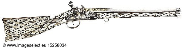 WAFFEN UND KUNSTHANDWERK OSMANISCHES REICH  Steinschlosskarabiner Osmanisch  19. Jhdt. Ãœber der Pulverkammer achtkantiger  zur MÃ¼ndung hin fein facettierter  gezogener Lauf im Kaliber 13 mm  auf der Oberseite tief geschlagene Marke. Kanonierte MÃ¼ndung mit Messingkorn. Im Bereich der MÃ¼ndung  der Kammer und des Schwanzschraubenblattes reiche Goldtausia. Ã„lteres  europÃ¤isches Steinschloss (18. Jhdt.) mit Rankengravuren  darÃ¼ber spÃ¤tere  osmanische Goldtausia. Auf der Schlossplatte arabische Signatur. Vollschaft mit reichen Perlmutteinlagen und Dekor aus Messingstiften  gravierte Messinggarnitur  links Reitstange mit Karabinerring. Eiserner Ladestock. LÃ¤nge 64 cm.
