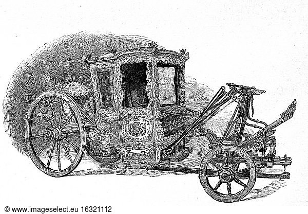 Wagen von Historic England. Darnley's Galawagen  frühes 18. Jahrhundert. Museum von South Kensington. Antike Illustration. 1886.