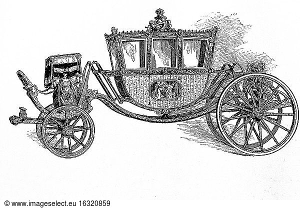 Wagen von Historic England. Der Wagen des irischen Kanzlers. Museum von South Kensington. Antike Illustration. 1886.