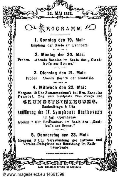 Wagner  Richard  22.5.1813 - 13.2.1883  deut. Komponist  Programm zur Feier der Grundsteinlegung des Festspielhauses in Bayreuth  19.5. - 23.5.1872