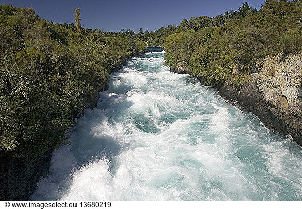 Waikato river above Huka Falls  near Taupo  North Island  New Zealand. Of great importance for electricity generation  it supplies 8 hydroelectric schemes and water for cooling for 2 geothermal units. The average daily flow is 160 cubic meters per second.