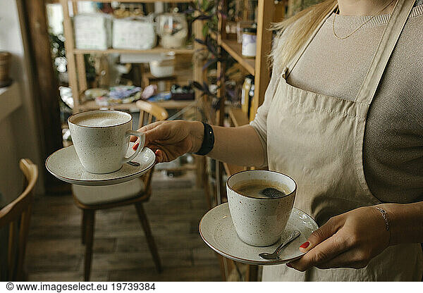 Waiter wearing apron serving coffee in cafe