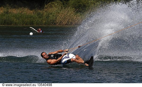Wakeboard surfer on the Nordstrand lake in Erfurt  Thuringia  Germany  Europe
