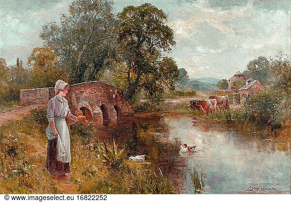 Walbourn Ernest - Feeding the Ducks from the River Frome Dorchester - British School - 19. Jahrhundert.