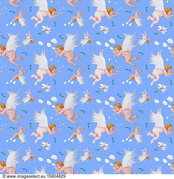 Wallpaper  gift wrapping paper  seamless pattern  blowing angels with clouds  stars and flowers  background blue  cutout  Germany  Europe
