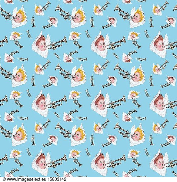 Wallpaper  gift wrapping paper  seamless pattern  blowing angels with trumpets  background blue  cutout  Germany  Europe