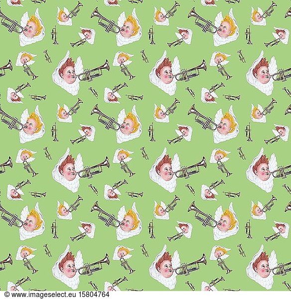 Wallpaper  wrapping paper  seamless pattern  blowing angels with trumpets  background green  cutout  Germany  Europe