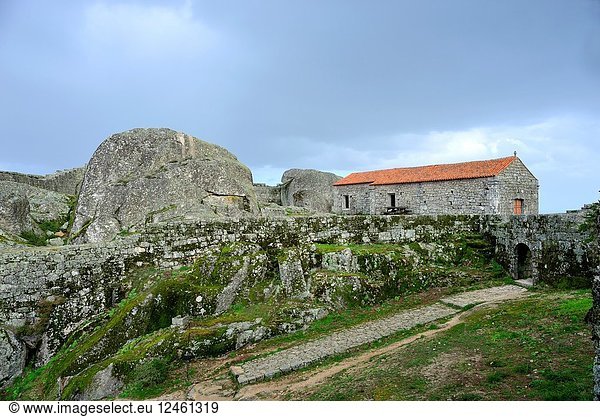 Walls and chapel in the castle area  Monsanto  Castelo Branco  Portugal.