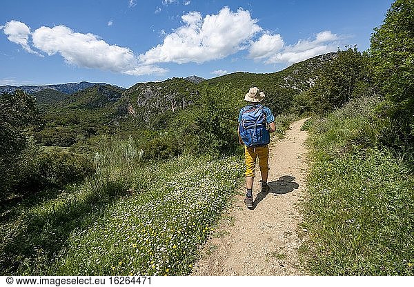 Wanderer auf einem Wanderweg  Die Grüne Schlucht  Garganta Verde  Sierra de Cádiz  Provinz Cádiz  Spanien  Europa