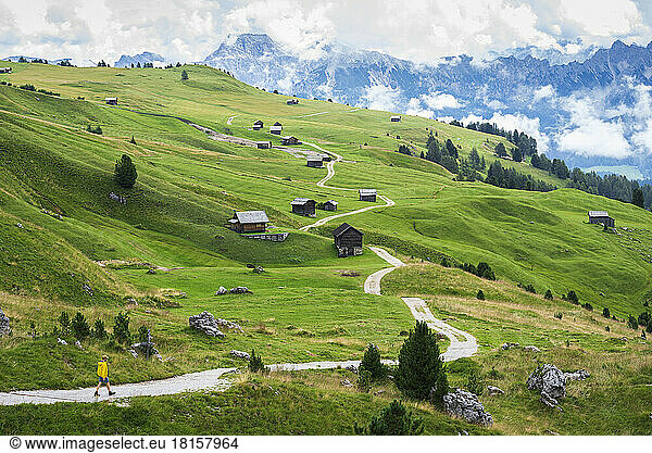 Wanderer auf Wanderweg zwischen grünen Wiesen und Holzhütten  Sass de Putia  Passo delle Erbe  Dolomiten  Südtirol  Italien  Europa