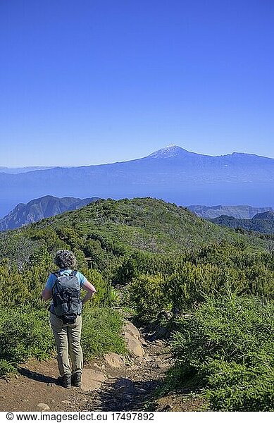 Wanderung zum Gipfel des Garajonay mit Teide im Hintergrund  Alajeró  La Gomera  Spanien  Europa