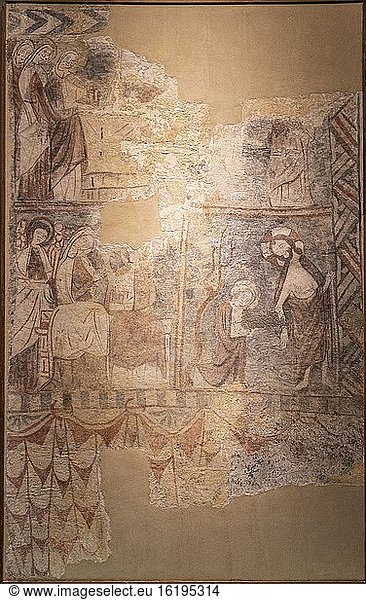 Wandmalereien aus Sorripas  14. Jahrhundert  Fresko  abgerissen und auf Leinwand übertragen  aus der Kirche San Andres de Sorripas  Diözesanmuseum von Jaca  Huesca  Spanien.