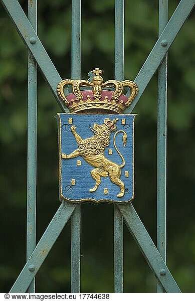 Wappen mit goldener Löwenfigur und Krone am Tor zum Schlossgarten in Weilburg  Taunus  Hessen  Deutschland  Europa
