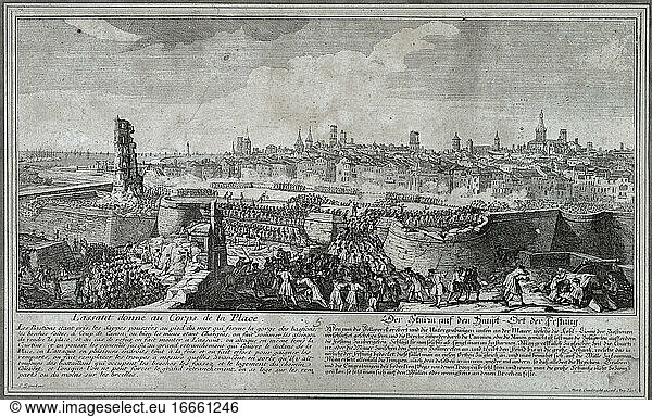 War of Spanish Succession (1702-1715). Entry of the troops of Philip V in Barcelona in 1714  opening gaps in the wall of the city with guns and mines  to render the place. Drawing by P. Rigaud and engraving by M. Engelbrecht  1722. Historical Museum of Barcelona. Catalonia. Spain.