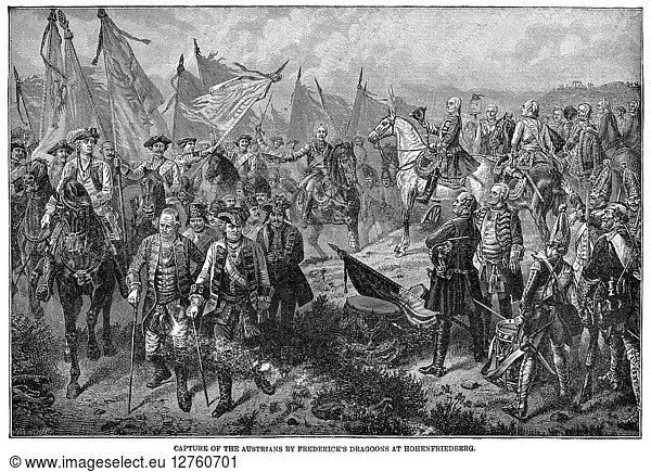 WARFARE: AUSTRIA  1745. Capture of Austro-Saxon forces at Hohenfriedberg  Austria  in 1745 by the dragoons of Frederick II of Prussia. Line engraving  19th century.