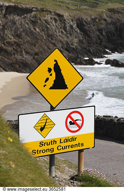 Warnschilder Strong Currents in Gälisch und Englisch  gefährliche Strömungen  Baden verboten und Steinschlag  Slea Head  Dingle Halbinsel  County Kerry  Irland  Britische Inseln  Europa