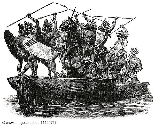 Warriors on War Canoe  Africa  Classical Portfolio of Primitive Carriers  By Marshall M. Kirman  World Railway Publ. Co.  Illustration  1895