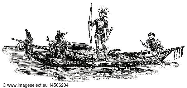 Warriors with Weapons on Canoes  New Guinea  Classical Portfolio of Primitive Carriers  By Marshall M. Kirman  World Railway Publ. Co.  Illustration  1895