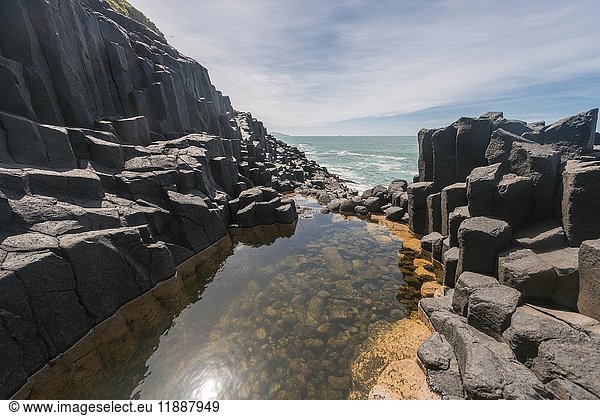Wasseransammlung zwischen Felsen  Römisches Bad  Sechseckige Basaltsäule am Meer  Blackhead  Dunedin  Otago  Südinsel  Neuseeland  Ozeanien