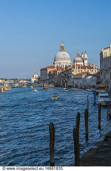 Wassertaxis und Vaporettos auf dem Canal Grande  Palastgebäude im Renaissance-Architekturstil  Basilika Santa Maria della Salute  Dorsoduro  Venedig  Venetien  Italien
