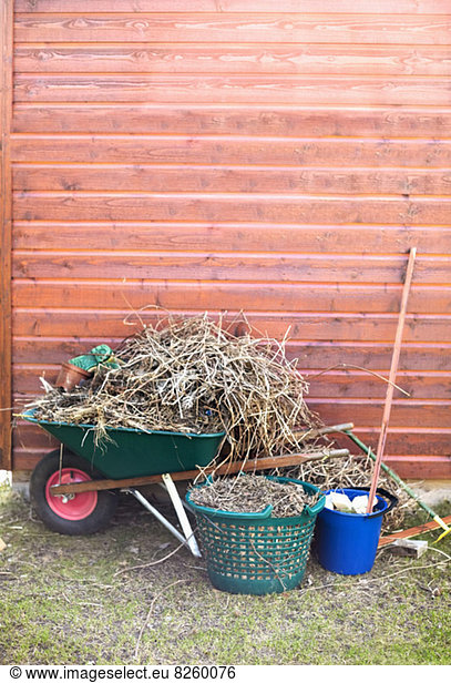Waste hay in wheelbarrow and basket against wooden wall at yard