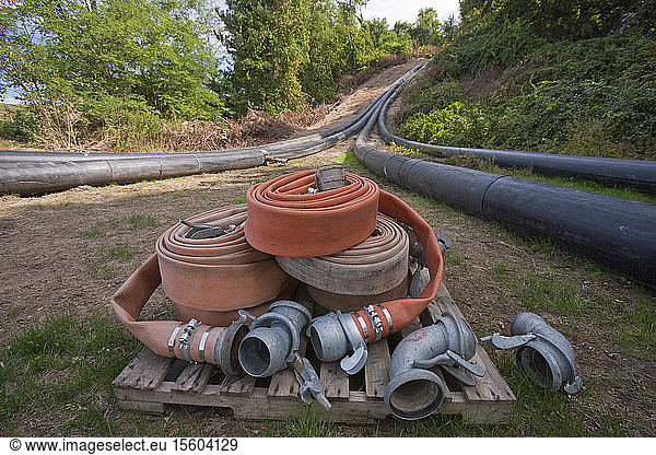 Wastewater pipeline and hoses at a water treatment plant