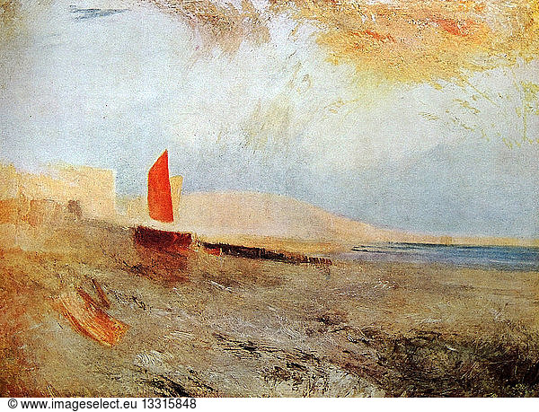 Watercolour landscape painting titled 'Hastings'. The painting depicts a single boat on shore with an orange sail. By Joseph Mallord William Turner (1775 - 1851) English romantic landscape painter. Dated 1818.
