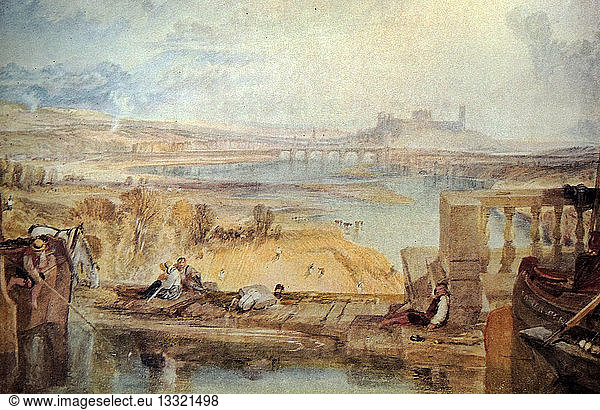 Watercolour landscape painting titled 'Lancaster from Viaduct'. The painting depicts a scene of young man relaxing on a dock with a large bridge and structure in the background. By Joseph Mallord William Turner (1775 - 1851) English romantic landscape painter. Dated 1836