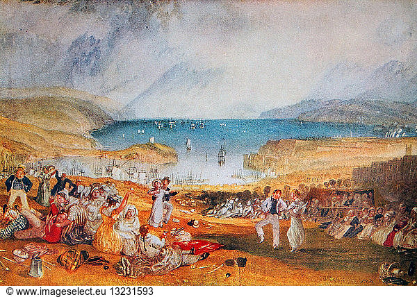 Watercolour landscape scene painting titled 'The Hoe  Plymouth'. The painting depicts a coastal scene with men and women celebrating and dancing  with the sea in the background populated with various boats. By Joseph Mallord William Turner (1775 - 1851) English romantic landscape painter. Dated 1812